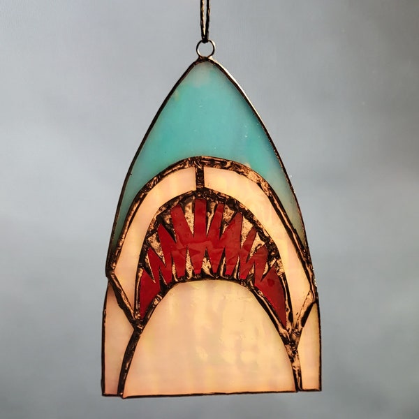 Handmade Stained Glass JAWS | Great White Shark | 3.5" Tall | Holliday Ornament for Christmas Tree | Cling Pendant | Gift Idea | Horror