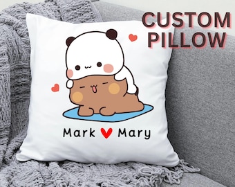 May include: White custom pillow with a cartoon panda and brown bear design. The pillow has the text "Mark ♥ Mary" printed on it.