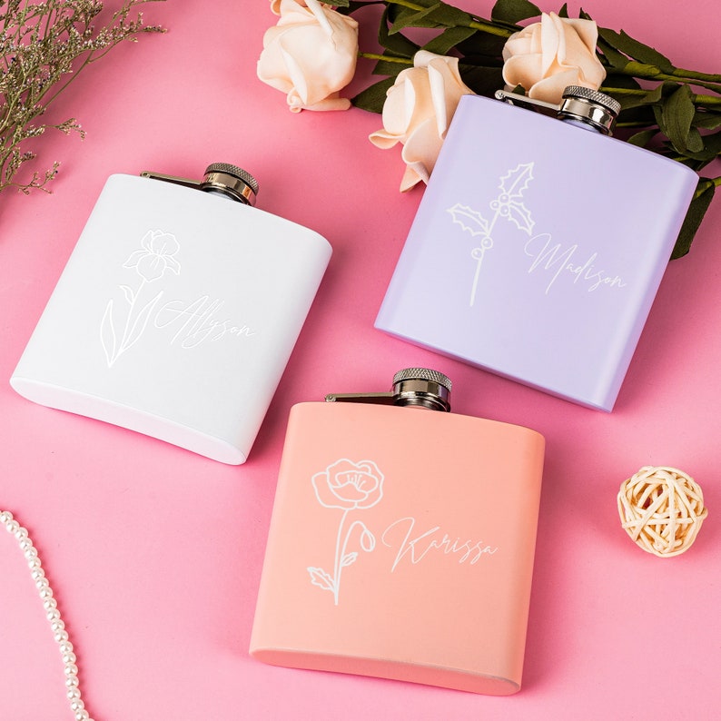 Custom Flower Flask Bridesmaid Flask Floral Bridal Party Gifts Laser Engraved Flask Personalized Women's Flask Bridesmaid Gift zdjęcie 5