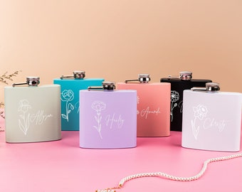Personalized Bridesmaid Flask, Engraved Birth Flower Flask, Bridesmaid Gifts, Bridesmaid Proposal, Bridal Party Gift, Birthday Gift for Her