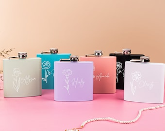 Personalized Bridesmaid Flask, Engraved Birth Flower Flask, Bridesmaid Gifts, Bridesmaid Proposal, Bridal Party Gift, Birthday Gift for Her