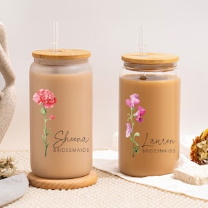 Personalized Iced Coffee Cup, 16oz & 20oz Glass Cup, Custom Birth Flower Tumbler with Lid and Straw, Bridesmaid Gift, Bridesmaid Proposal