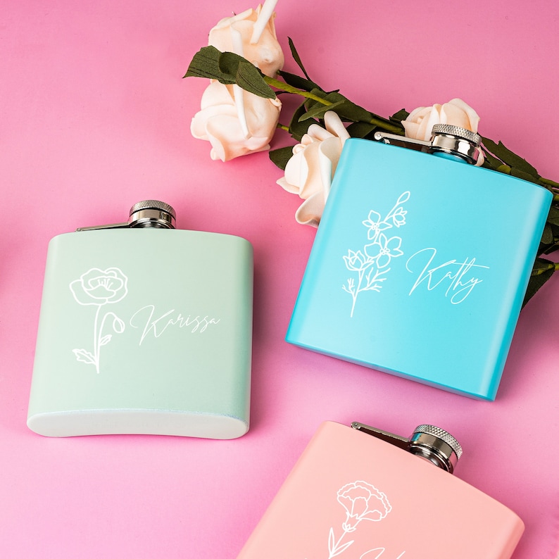 Custom Flower Flask Bridesmaid Flask Floral Bridal Party Gifts Laser Engraved Flask Personalized Women's Flask Bridesmaid Gift zdjęcie 7