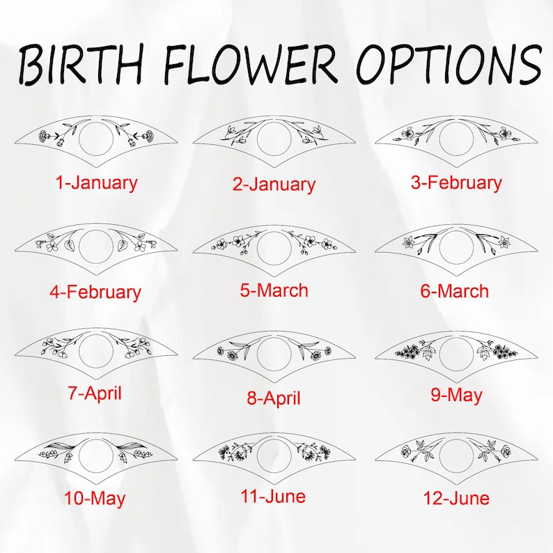 Puede incluir: Imagen que muestra doce dise&ntilde;os florales, cada uno etiquetado con un mes y una flor de nacimiento. El texto "BIRTH FLOWER OPTIONS" est&aacute; en la parte superior. Cada dise&ntilde;o presenta un c&iacute;rculo central rodeado de ilustraciones florales.