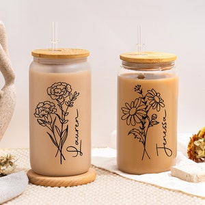 Personalized Iced Coffee Cup, 16oz & 20oz Glass Cup, Custom Birth Flower Tumbler with Lid and Straw, Bridesmaid Gift, Bridesmaid Proposal