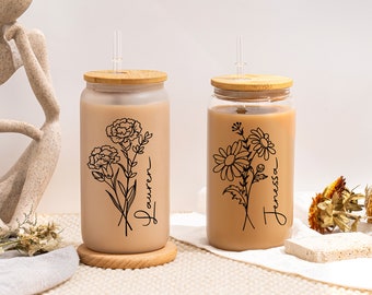 Personalized Iced Coffee Cup, 16oz & 20oz Glass Cup, Custom Birth Flower Tumbler with Lid and Straw, Bridesmaid Gift, Bridesmaid Proposal