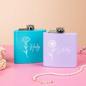 Custom Flower Flask | Bridesmaid Flask | Floral Bridal Party Gifts | Laser Engraved Flask | Personalized Women&#39;s Flask | Bridesmaid Gift