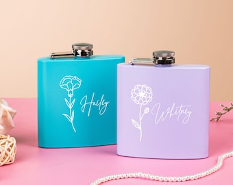 Custom Flower Flask | Bridesmaid Flask | Floral Bridal Party Gifts | Laser Engraved Flask | Personalized Women's Flask | Bridesmaid Gift