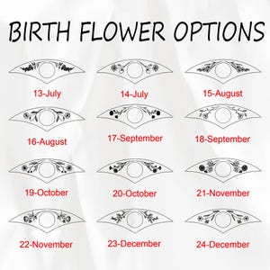 Puede incluir: Imagen que muestra opciones de flores de nacimiento con fechas y dise&ntilde;os florales. El texto "BIRTH FLOWER OPTIONS" est&aacute; en la parte superior. Cada dise&ntilde;o presenta un c&iacute;rculo central rodeado de ilustraciones florales, con fechas como "13-July" y "24-December".