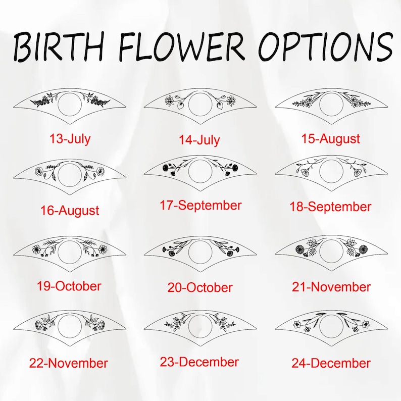 Puede incluir: Imagen que muestra opciones de flores de nacimiento con fechas y dise&ntilde;os florales. El texto "BIRTH FLOWER OPTIONS" est&aacute; en la parte superior. Cada dise&ntilde;o presenta un c&iacute;rculo central rodeado de ilustraciones florales, con fechas como "13-July" y "24-December".