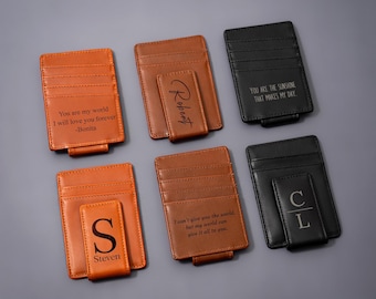 Personalized Leather Magnetic Money Clip, Slim Card Holder Wallet, Groomsmen Gifts, Anniversary Gift for Him, Unique Christmas Gift for Dad