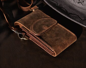 Mens Crossbody Leather Phone Bag, Shoulder Small Wallet, Handmade Full Grain, Crazy Horse, iPhone 14 Promax