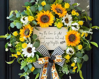 Handmade Sunflower Daisy Wreath with Welcome Sign, 24 Inch Spring Door Decor