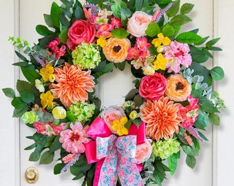 Handmade 24 Inch Spring Wreath, Peach Dahlia, Pink Bow, Farmhouse Spring and Summer Decor