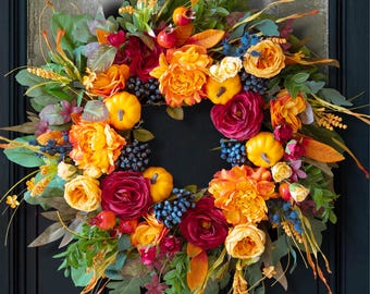 24" Fall Wreath for Front Door – Pumpkins, Roses, Peony, Berries & Ferns – Thanksgiving