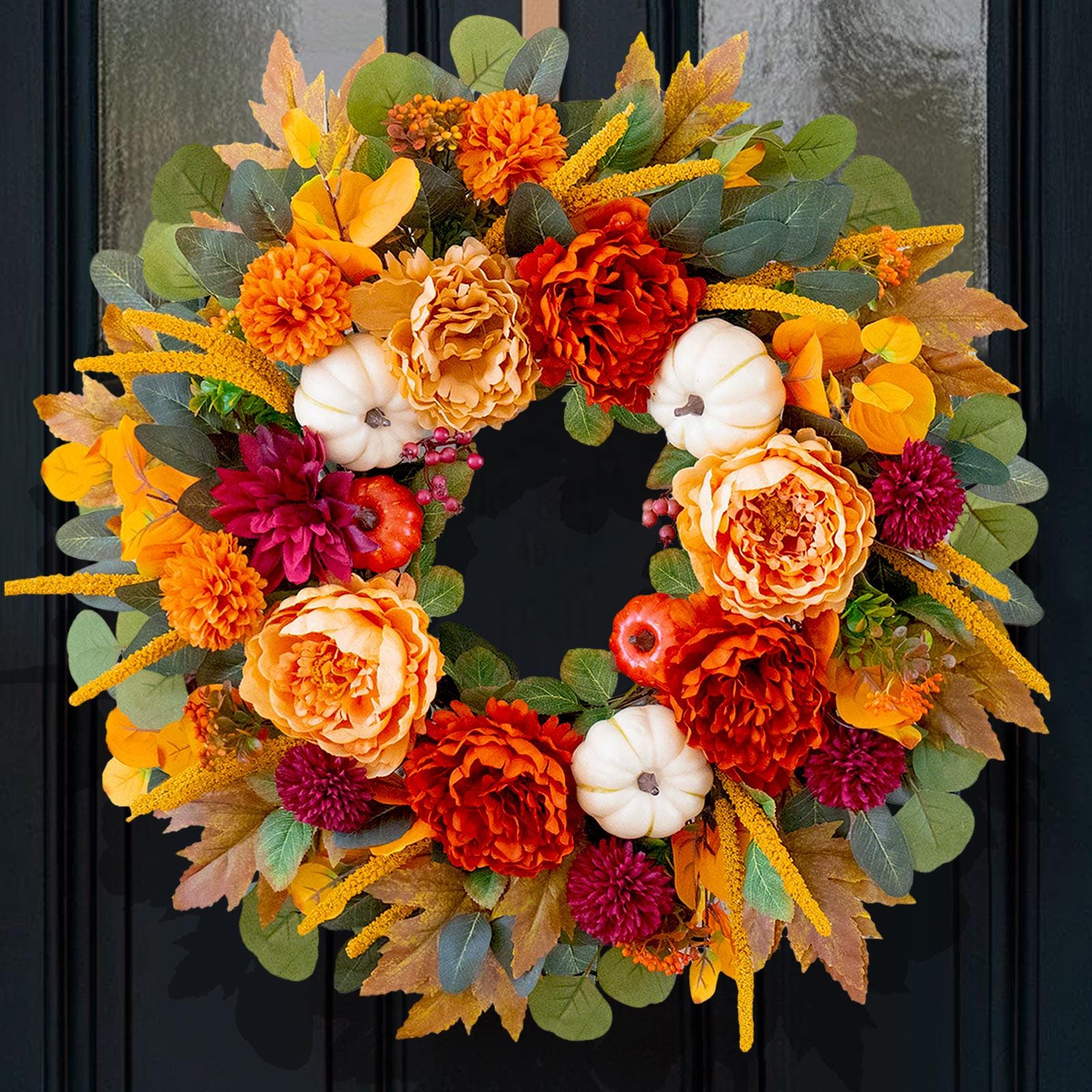 【専用】Flower wreathe & 秋色wreathe 24-inch White Pumpkin Wreath, Front Door Peony Dahlia Golden