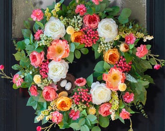 Handcrafted 24" Floral Wreath with Roses, Eucalyptus, Bird Nest (Easter, Summer, Spring)
