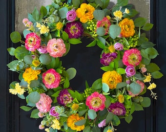 24" Handmade Peony Rose Eucalyptus Wreath | Spring Summer Floral Door Decor