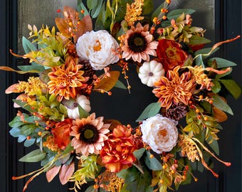 Pinecone Fall Wreath for Front Door, 24 Inch Sunflower White Peony Pumpkin Autumn Decoration