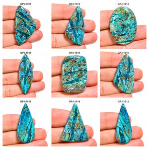 “Natural Shattuckite marquise cabochons in varied blue, turquoise, green, black & copper matrix patterns”