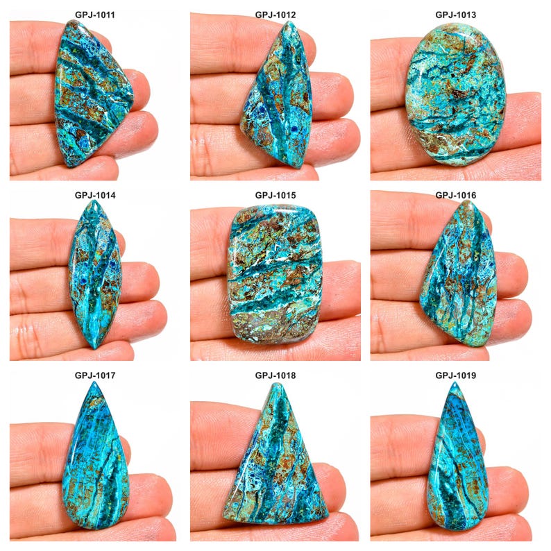 “Natural Shattuckite marquise cabochons in varied blue, turquoise, green, black & copper matrix patterns”