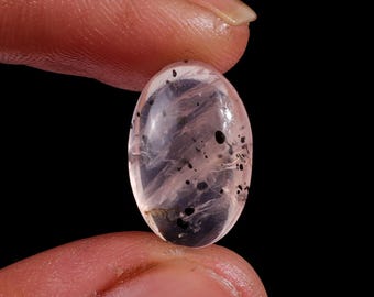 Natural Black Dot Pink Quartz 16x10mm  Oval Cabochon 7ct For Choker Pendant