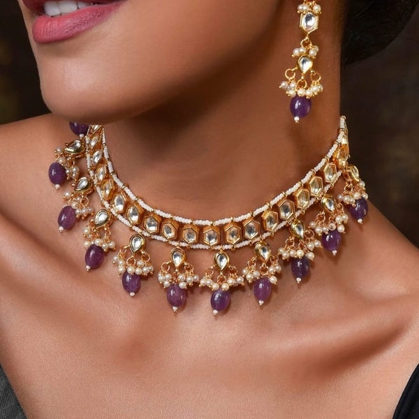 Handmade Bollwood Kundan Meena Necklace Set With Earrings , Bollywood Jewelry , Pakistani Kundan Set , Traditional Jewelry For Women