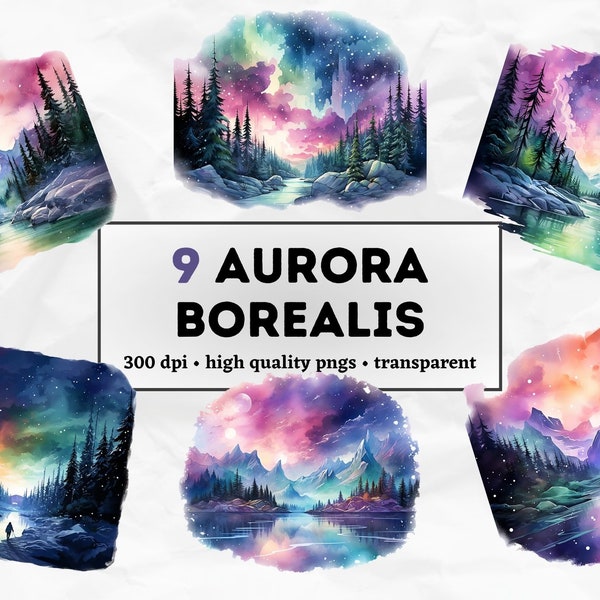 Aurora Borealis v2 Watercolor Clipart Bundle | 9 High Quality PNGs | Northern Lights Scenes, Aurora Borealis, Fantasy Art, Northern Lights