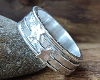 Handmade Sterling Silver Double Star Spinner Ring: Boho Fidget Anxiety Ring