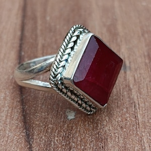 Red Ruby Gemstone Ring, Solid 925 Sterling Silver Ring, Red Square Ring, Emerald Cut Ruby Ring, Red Engagement Ring, Gift For Anniversary