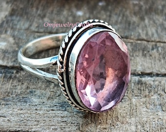 Rozenkwartsring, 925 sterlingzilver, handgemaakte ring, ovale ring, edelsteenring, edelsteen zilveren ring, statementring, cadeau voor haar