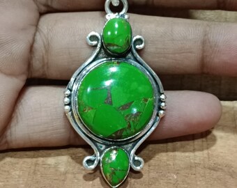 Pendente in rame verde turchese, pendente in argento sterling massiccio 925, pendente con pietra preziosa, pendente fatto a mano, pendente con pietra verde grande, regalo per