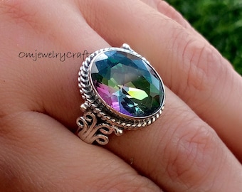 Echte Rainbow Fire Mystic Topaz-ring, massief 925 sterlingzilver, verlovingsring, vintage sieraden handgemaakte Mystic Topaz-ring, cadeau voor haar