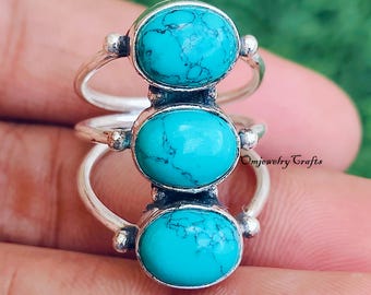 Natürlicher Türkis Ring, 925 Sterling Silber Ring, Drei Stein Ring, Oval Form Edelstein Ring, Frauen Ring, hübscher Ring, Geschenk für Jahrestag