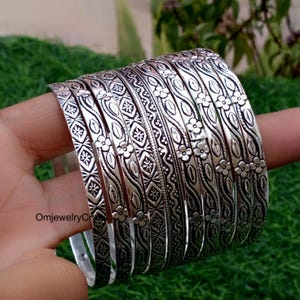 10-Piece Oxidized Sterling Silver Bangle, 925 Sterling Silver Bangle Set | Boho Stacking Bangles, Floral and Geometric Patterns Bangle