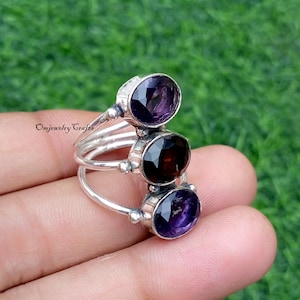 Gift For Amethyst & Smokey Quartz  Ring ~ 925 Sterling Silver Ring~Oval shape, Handmade Jewelry ~ Statement, Three Stone Ring,Gift For Women