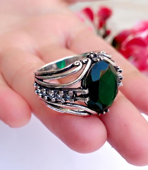 Green Emerald Men's Ring, 925 Sterling Silver Ring, Unisex Ring