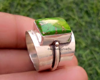Green Copper Turquoise Sterling Silver Ring: Handmade Statement Band