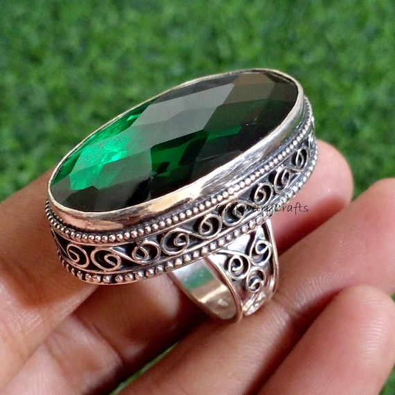アクセサリー silver 925 emerald design ring Genuine Emerald Ring, 925 Sterling Silver, Large Stone Ring
