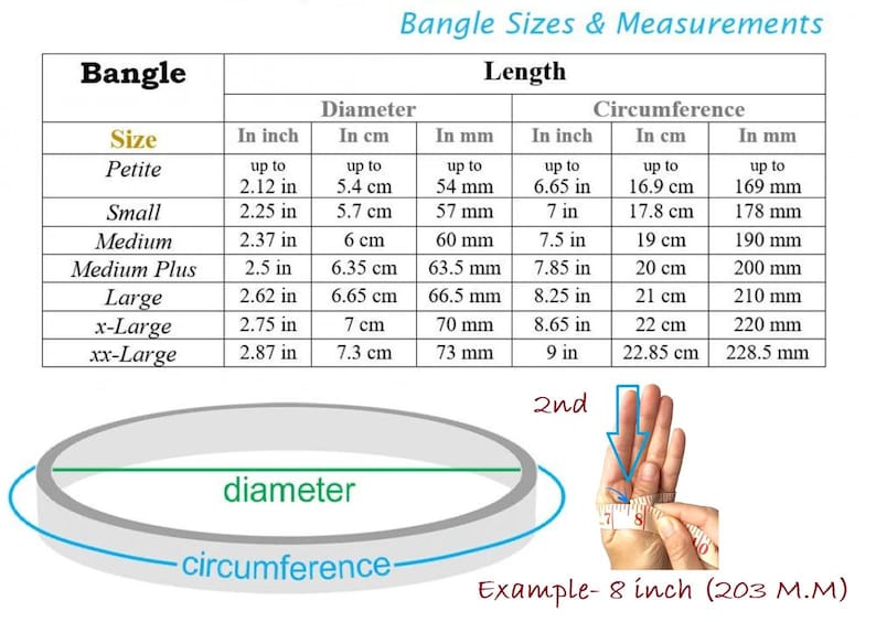 K&ouml;nnte beinhalten: Eine Tabelle mit den Gr&ouml;&szlig;en und Ma&szlig;en von Armreifen in Zoll, Zentimetern und Millimetern. Die Tabelle enth&auml;lt die folgenden Gr&ouml;&szlig;en: Petite, Small, Medium, Medium Plus, Large, x-Large und xx-Large. Ein Diagramm zeigt, wie man den Durchmesser und den Umfang eines Armreifens misst.