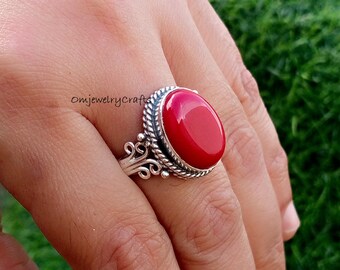 thumbnail image 2 of Natural Red Coral 925 Sterling Silver Handmade Ring – Oval Gemstone – All Sizes CK-191 2 of 5