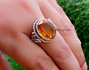Anillo de citrino genuino ~ Anillo de plata de ley 925 ~ Anillo de citrino ovalado, hecho a mano ~ Anillo de piedra preciosa ~ Anillo llamativo ~ Anillo de piedra de nacimiento