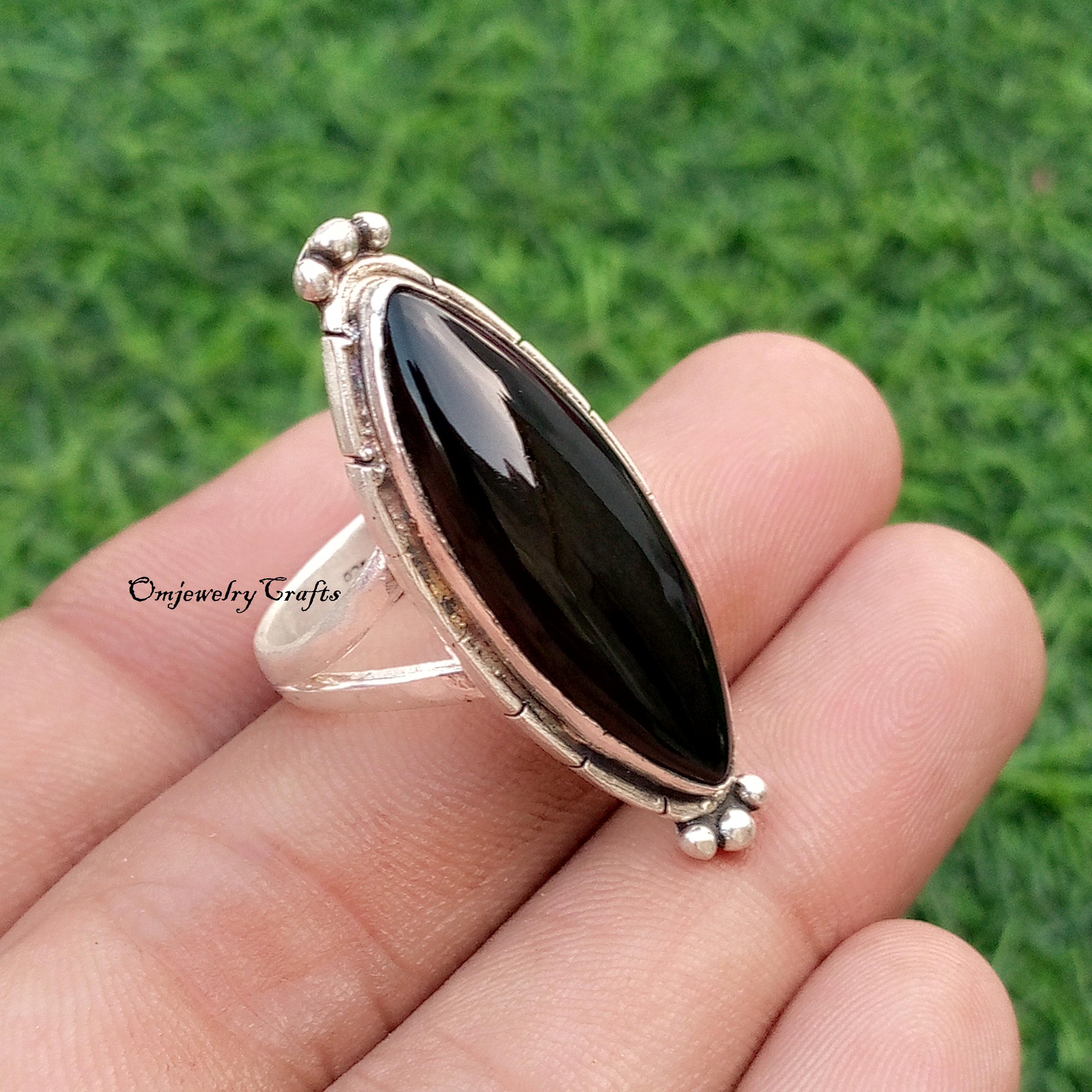 Bague marquise en laiton et onyx noir - Bijoux