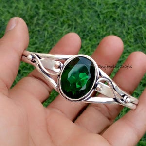 Green Emerald Bracelet, 925 Sterling Silver, Cuff Bracelet, Adjustable Bracelet, Designer Gemstone Brace Designer Bangle, Gift For Christmas
