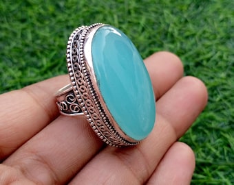 Designer Blauer Chalcedon Edelstein Ring, 925 Sterling Silber, Handgemachter Statement Ring, Unisex Ring, Klassischer Edelstein Ring, Geschenk für Weihnachten