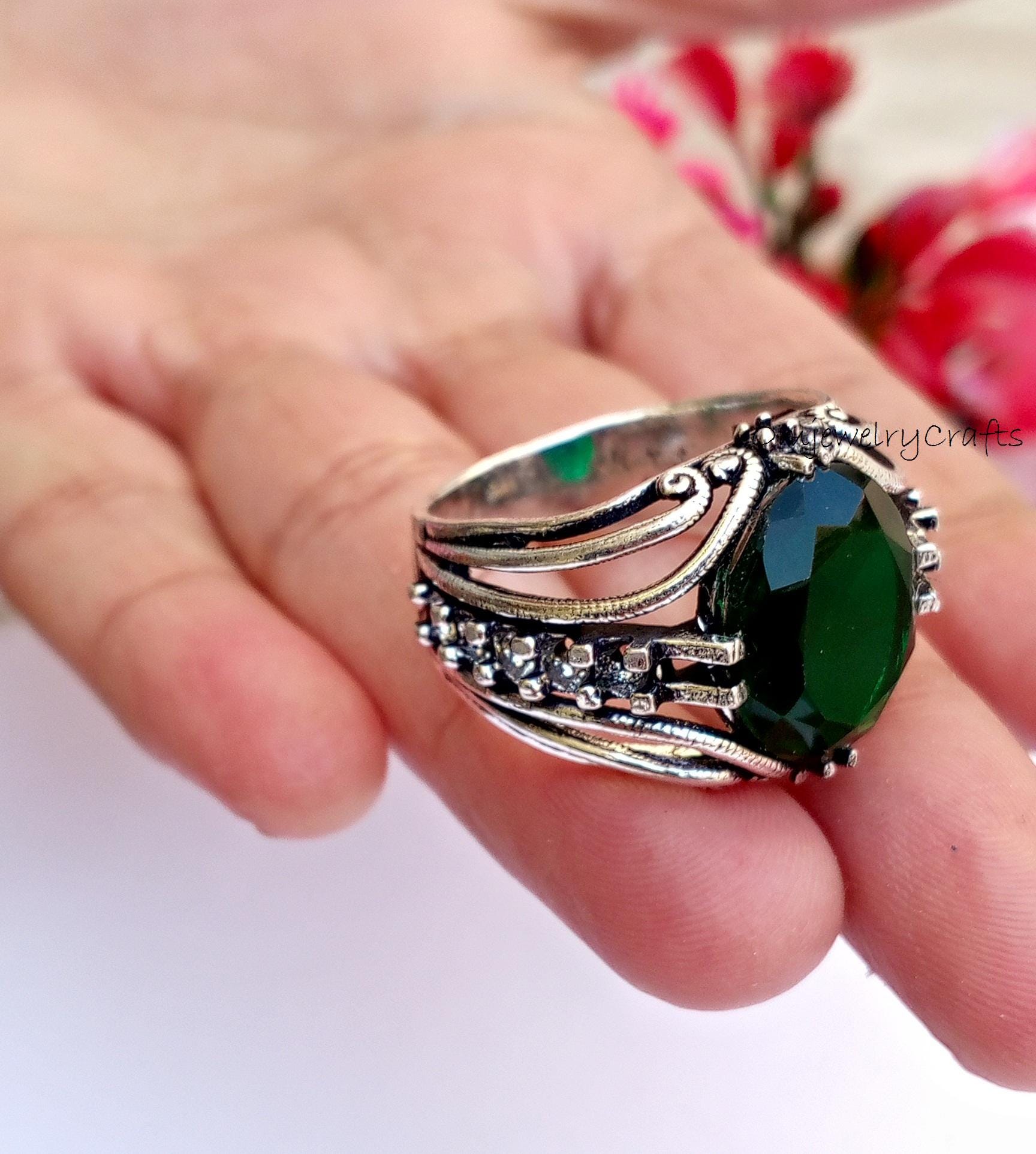 アクセサリー silver 925 emerald design ring Green Emerald Men's Ring, 925 Sterling Silver Ring, Unisex Ring