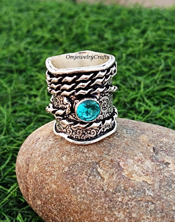 Bague Argent Sterling 925 Avec Topaze Bleue Cabochon - Taille 6.5, Fait Main En Inde, Neuf Sans Emballage