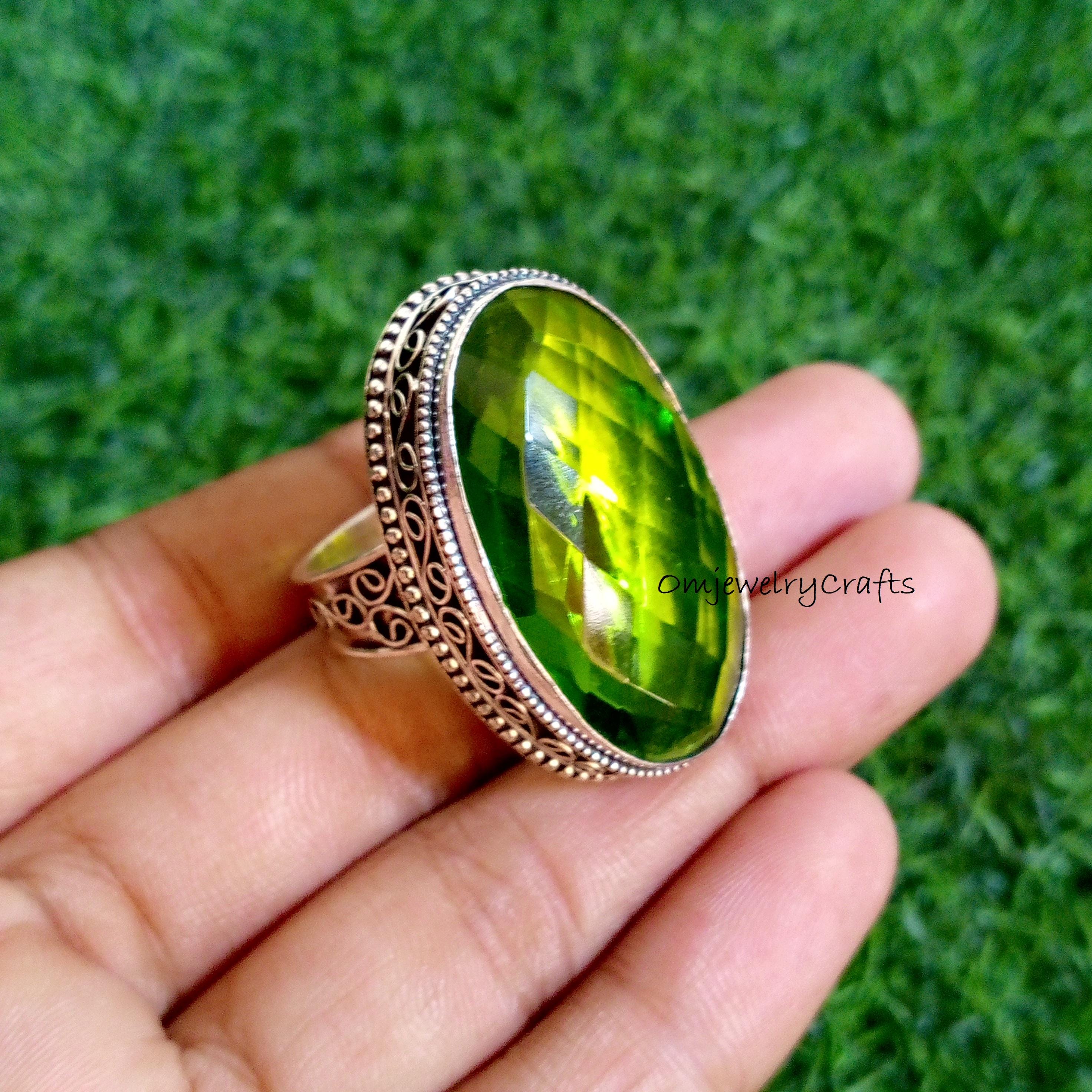Anello Regolabile In Metallo Panchdhatu Con Peridoto Verde Naturale 7 Carati – Certificato, Uomo E Donna, Gioiello Energetico - 6