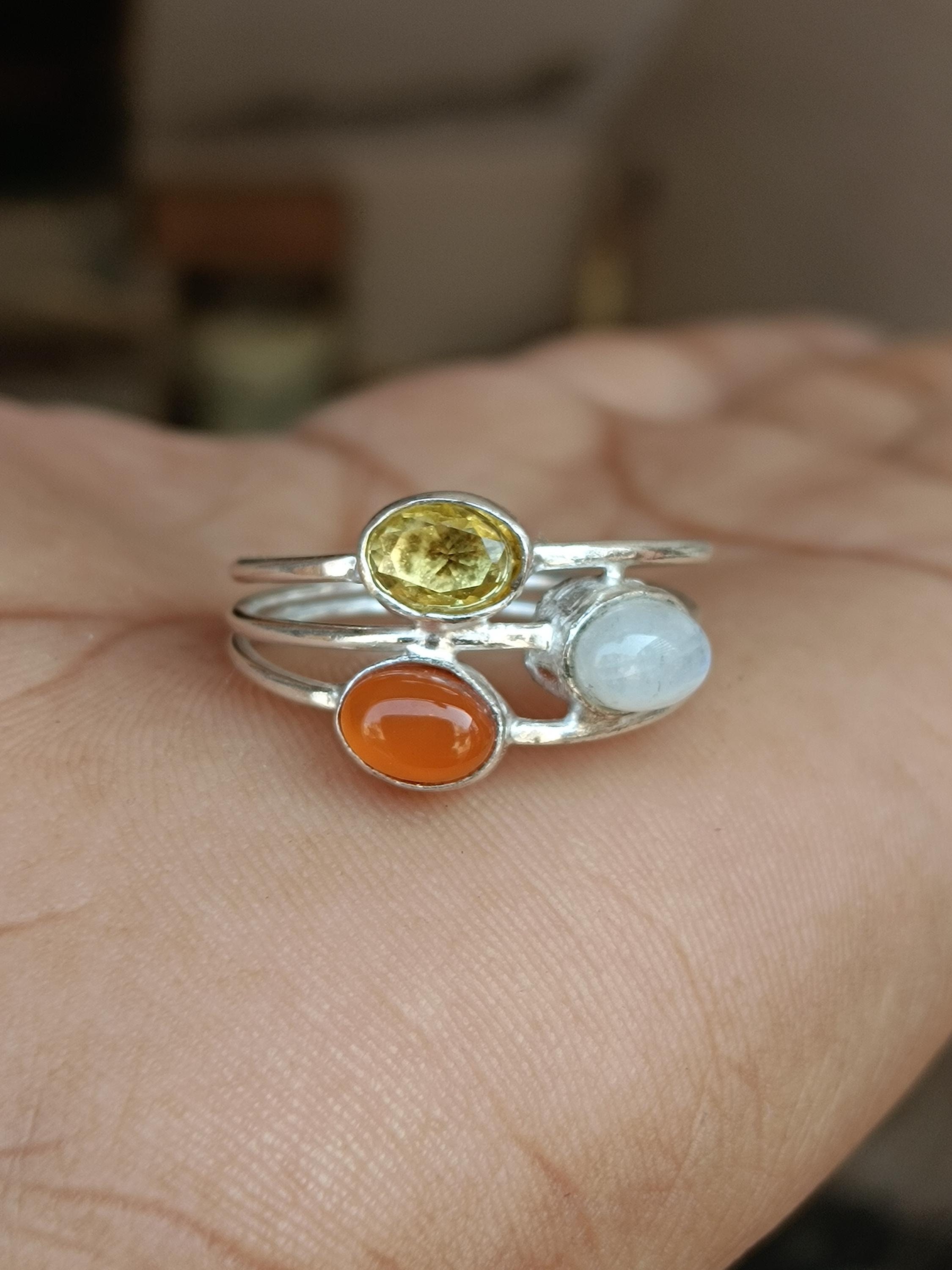 Red Carnelian, Yellow Citrine, Moonstone Ring ·925 Silver Pretty Ring· Three Gemstone Ring , Handmade Ring· Pretty Gift For Anniversary Ring