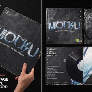 Könnte beinhalten: Mockup-Paket für Vintage-Vinyl-Plattencover. Das Paket beinhaltet ein Vorder- und Hintercover, eine Bildvorschau, Sticker-Optionen, Plastiktexturen, einen Vintage-Effekt, eine zusätzliche Textur und eine Anleitung.